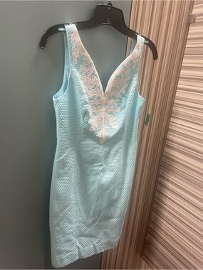 Lilly Pulitzer Light Blue Sleeveless Dress with White Embroidered V-Neck